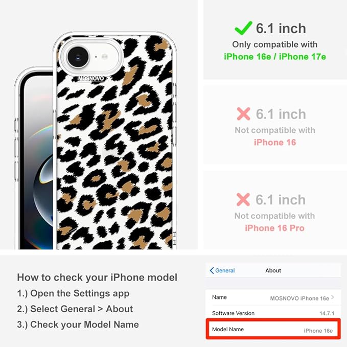MOSNOVO for iPhone 17e Case/iPhone 16e Case, Shockproof Military-Grade Protection 6.6ft Drop Tested, Clear Phone Case for iPhone 16e / iPhone 17e, Leopard Print Design