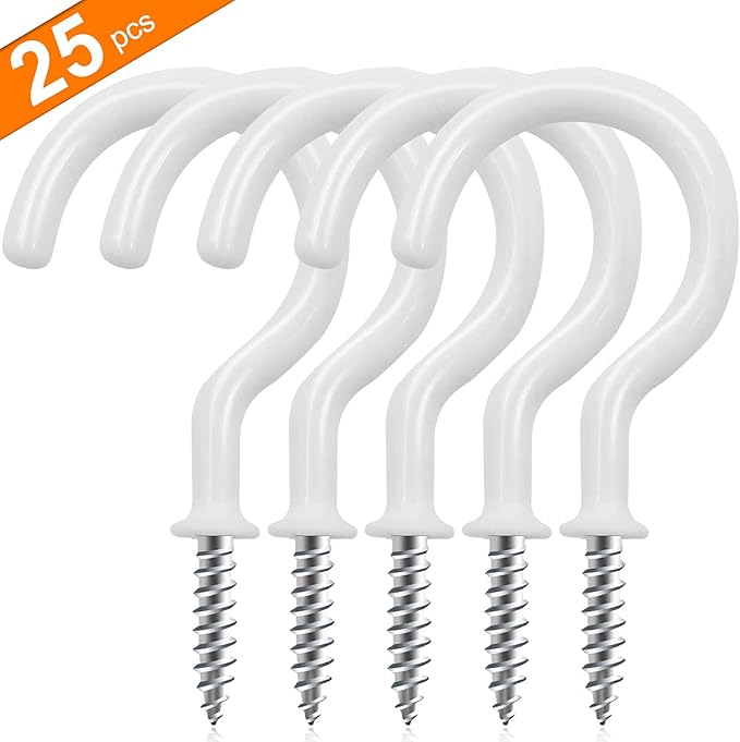 25 Pack Cup Screw Hooks,2 inch Vinyl Coated Ceiling Screw in Hooks Plant Hanger Wind Chimes Hooks Great for Hanging Indoor & Outdoor Use(White)