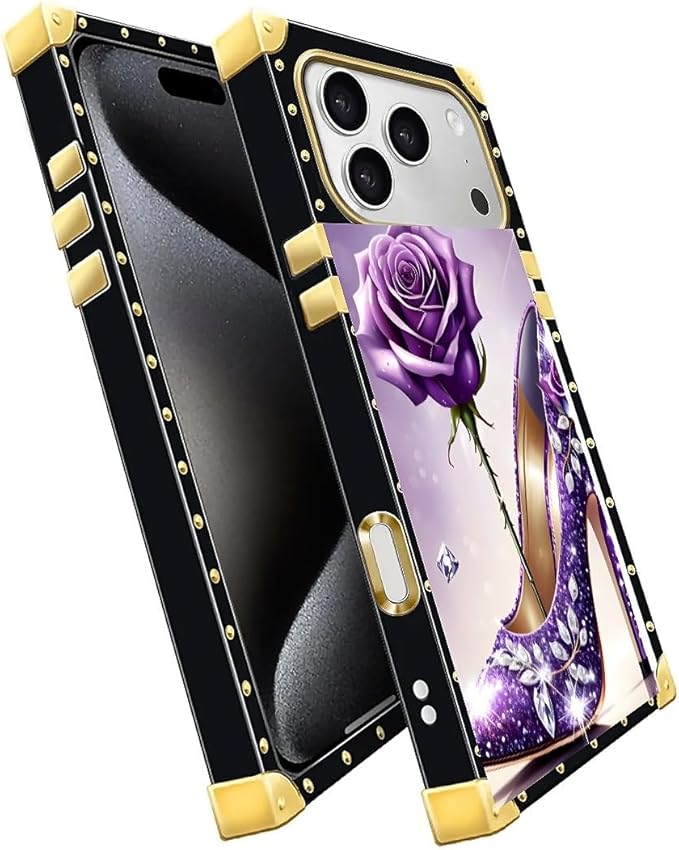 for iPhone 17 Pro Max Case Luxury Golden Decoration for Girl Women Soft TPU Shockproof Protective Hard PC Back for iPhone 17 Pro Max Crazy Pattern High Heeled Purple Diamond Rose