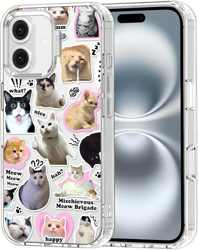 MOSNOVO Case for iPhone 16, [Buffertech 6.6ft Military-Grade Drop Protection] [Anti Peel Off Tech] Clear TPU Bumper Phone Case Cover Design - The Cat Brigade
