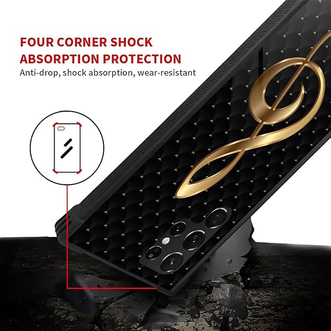 for Samsung Galaxy S22 Ultra Case, Gold Black Music Pattern Graphic Design Girl Boy Soft Silicone Hard Acrylic Shock Protection for Samsung Galaxy S22 Ultra