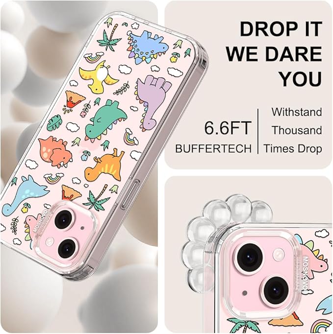 MOSNOVO Case for iPhone 15, [Buffertech 6.6ft Military-Grade Drop Protection] [Anti Peel Off Tech] Clear TPU Bumper Phone Case Cover Design - Dinosaur Land
