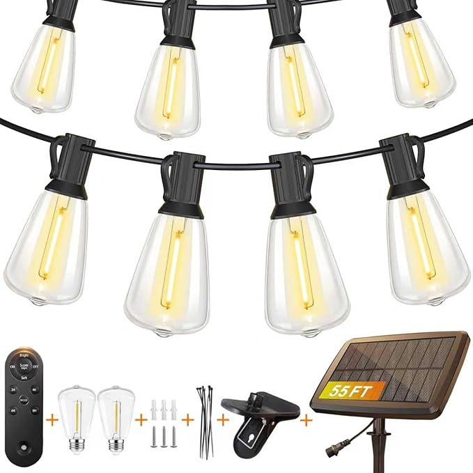 BLIATLUS 55FT Solar String Lights Outdoor Waterproof with Remote Control 15+2 Shatterproof LED ST38 Bulbs for Porch Garden Market Bistro Patio Backyard Fence