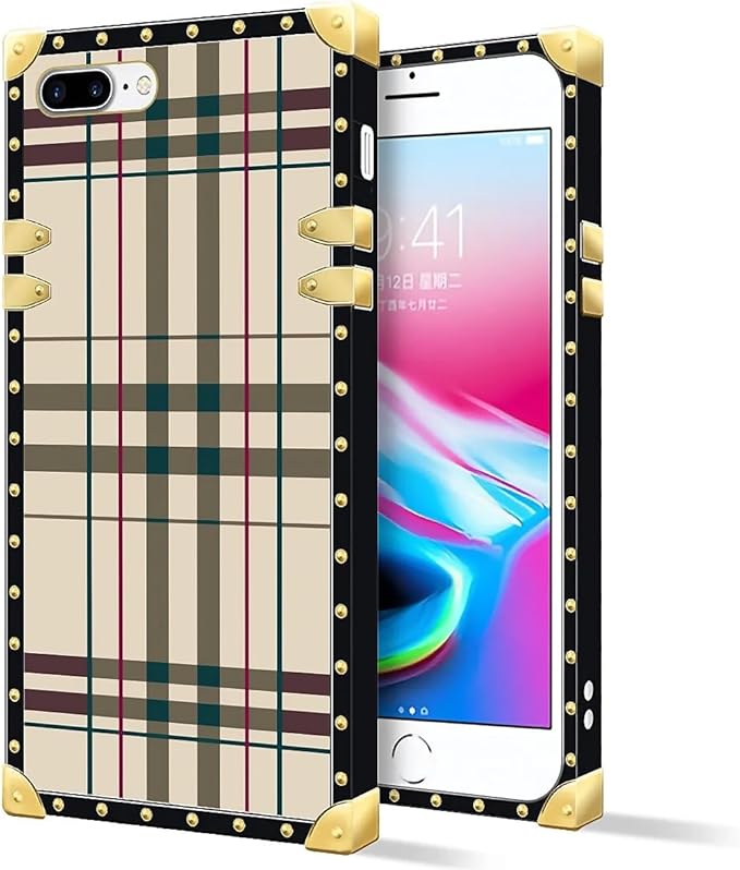 Compatible with iPhone 8 Plus 7 Plus Case, Black Red Beige Stripes Luxury Golden Decoration for Girl Women Soft TPU Shockproof Protective Hard PC Back for iPhone 8 Plus 7 Plus