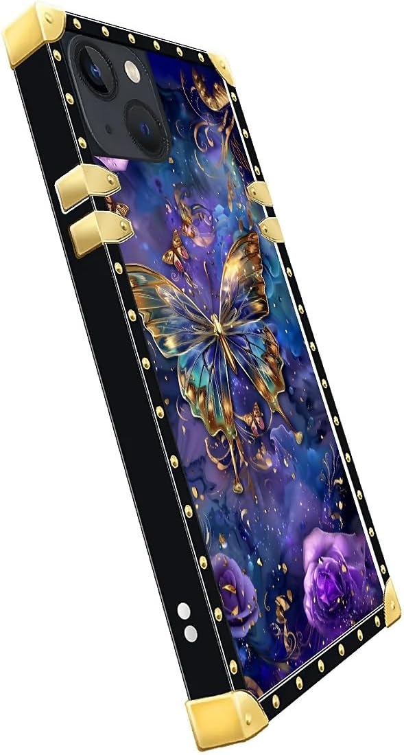 Compatible with iPhone 13 Case, Glistening Golden Butterfly Vibrant Purple Blue Luxury Golden Decoration for Girl Women Soft TPU Shockproof Protective Hard PC Back for iPhone 13