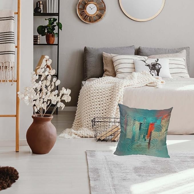 TKS MITLAN Colour Paint Pillow Cover 18x18 inch Modern Art Made with Teal, Orange Colour Paint Smears and Rough Brush Strokes Pillows Decorative Throw Pillows Farmhouse Decor for Home Cushion Case