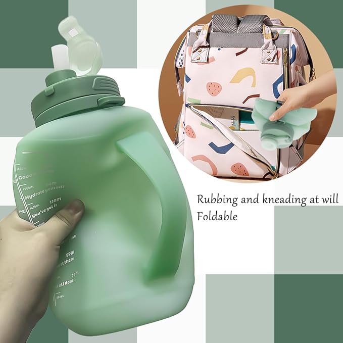 64oz Foldable Silicone Water Bottle with Straw, BPA-Free Motivational Time Marker, Leakproof Collapsible Water Jug with Handle for Gym, Sports, Camping & Outdoor Activities (Green)
