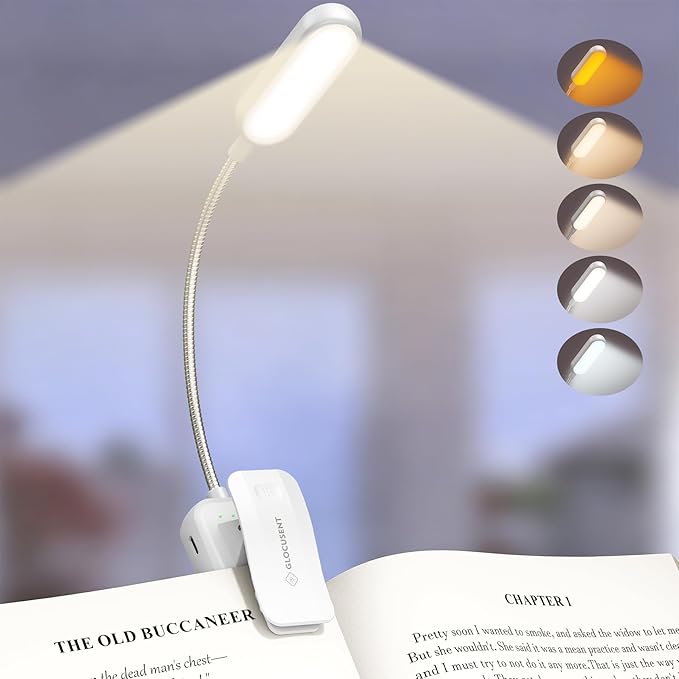 Glocusent 20 LED Reading Lights for Books in Bed, Eye Caring Reading Light, 5 Colors & 5 Brightness 3–100LM Dimmable, 1200mAh Rechargeable Book Light to 90H, Lightweight Clip on Light for Book Lovers