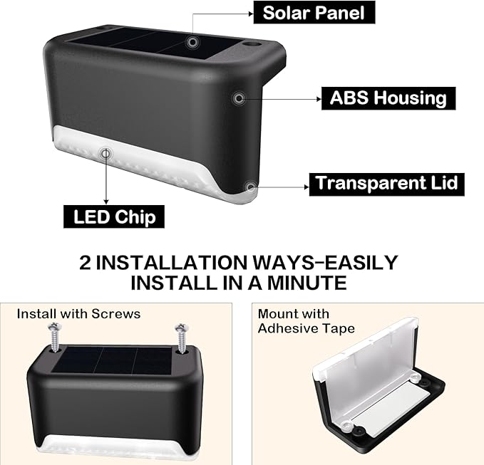 BKBB PPBB Solar Deck Lights Outdoor, 4Pcs Solar Step Lights, Waterproof LED Solar Lights for Outdoor Stairs, Step, Fence, Yard, Patio, Railing, Garden and Pathway