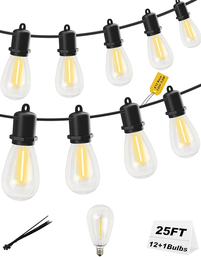 25FT LED Outdoor String Lights - 12+1 Shatterproof Vintage Edison Bulbs | IP44 Weatherproof | Plug in Cafe Patio Lights for Balcony, Porch, Deck & Cozy Bistro Ambiance (2700K Warm White)