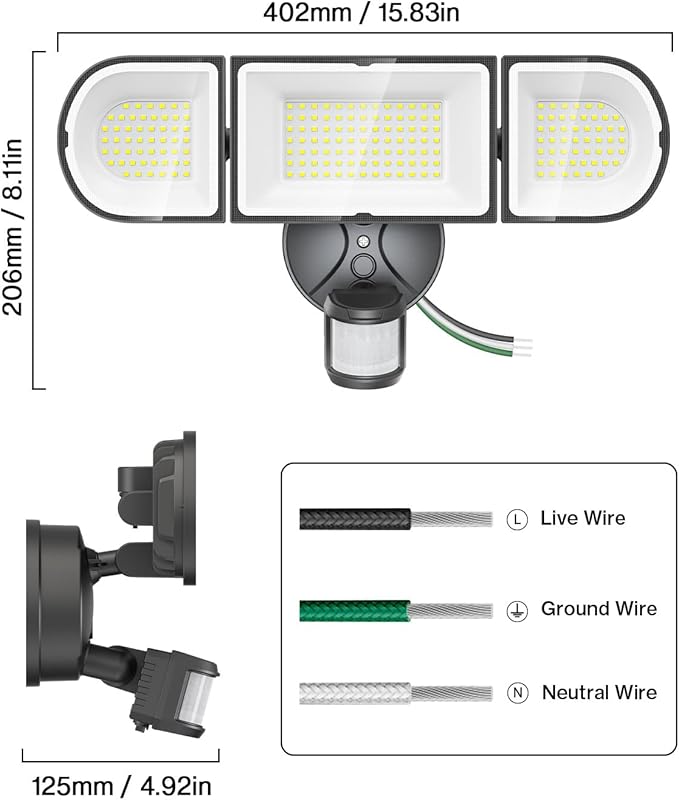 Olafus 180W Motion Sensor Outdoor Lights, 18000LM Dusk to Dawn LED Flood Lights Outdoor Wired, 6500K Daylight Motion Lights for Outside, IP65 Waterproof Exterior Security Light, Black