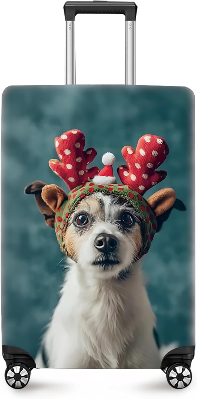 ANNA QUEEN Christmas Dog Luggage Cover, Cute Puppy with Reindeer Antlers Suitcase Protector, Washable Stretchable Travel Sleeve for 24-26 Inch Luggage