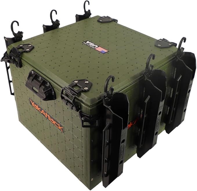 YakAttack BlackPak Pro Kayak Fishing Crate - Ranger Green | 16" x 16" Riggable Kayak Gear Storage System with Hinged Lid, GridLoc Mount Panels & 6 TetherTube Rod Holders | Lightweight Tankwell Crate