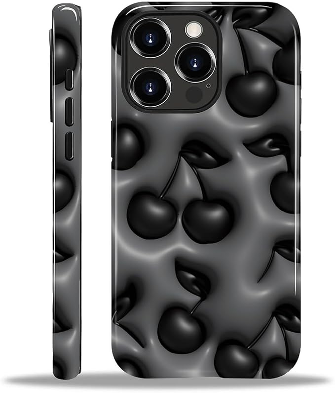for iPhone 14 Pro Max Case,HL2 Cute Cool Cherry Black Hybrid 2 Layer Hard Shell Silicone Protective Pattern Design Case
