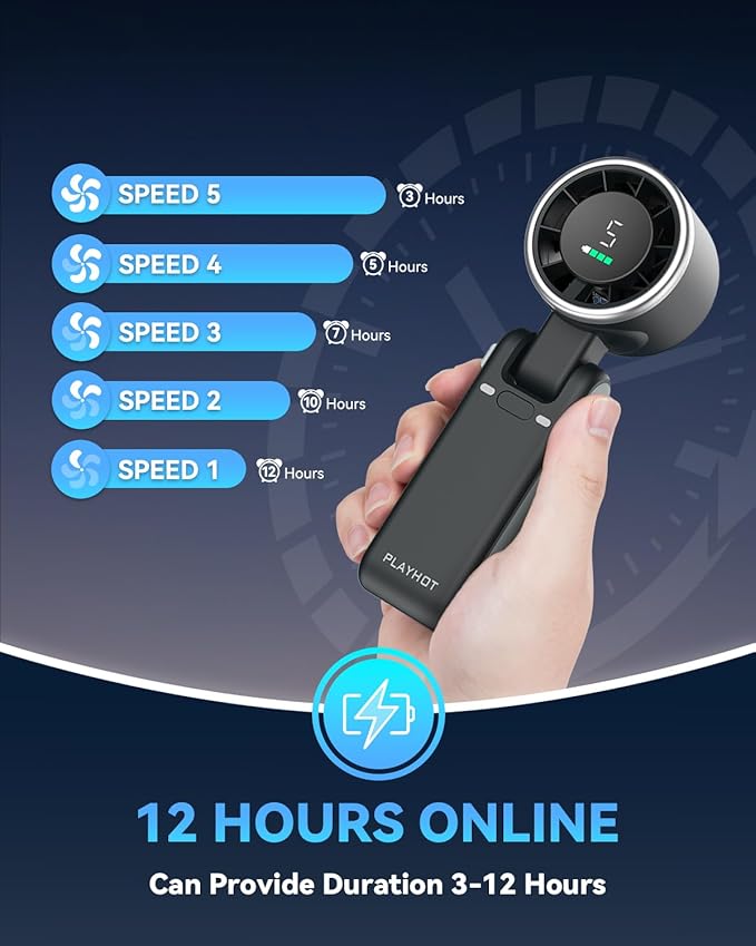 PlayHot Portable Handheld Turbo Fan, 5 Gear Wind, Battery Operated, Up to 12 Working Hours, 3 IN 1 Hand Fans with Air Turbo Tech Cooling Fan for Outdoor Activities, Travel, Beach (Black)