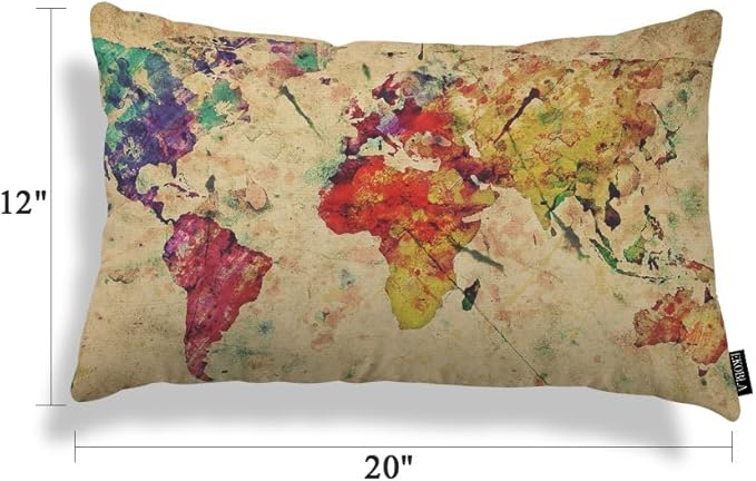 EKOBLA Watercolor World Map Lumber Pillow Cases Vintage Global Graphic Home Decorative Waist Lumber Cotton Linen Pillowcases Oblong Rectangle Case