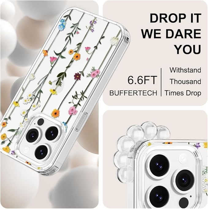 MOSNOVO Case for iPhone 14 Pro, [Buffertech 6.6ft Military-Grade Drop Protection] [Anti Peel Off Tech] Clear TPU Bumper Phone Case Cover Design - Wildflowers