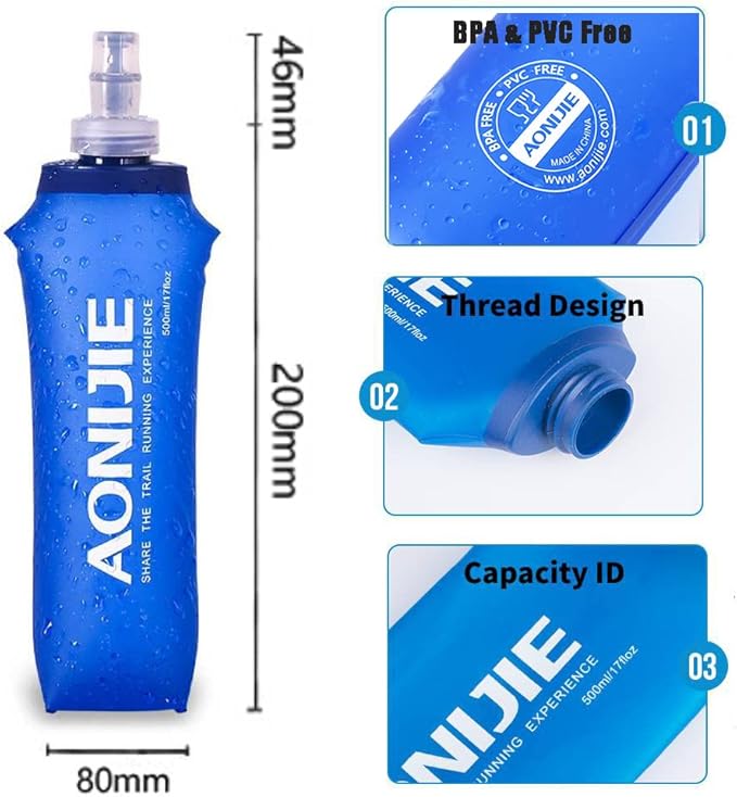 AONIJIE TPU Soft Flask Water Bottle Collapsible Running Flask for Hydration Pack, BPA Free, Wide Opening, for Outdoor Sports Hydration