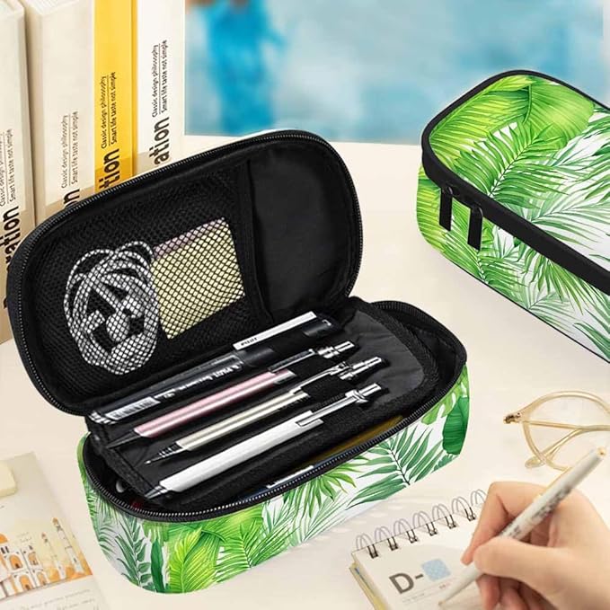 Palm Leaves Pencil Case Green Tropical Plant Pencil Bag Pen Markers Pouch Holder Organizer for Boy Girl School Students