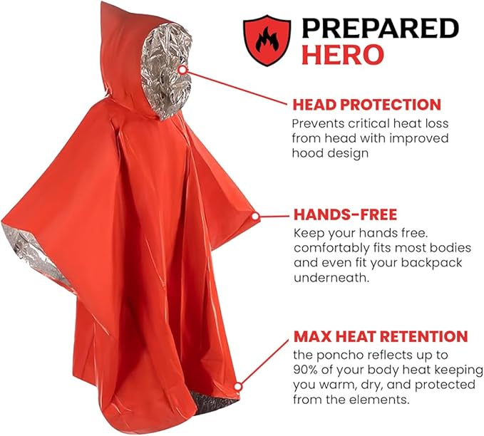 Hero Prepared Survival Tool Poncho for Camping, Heat Insulation