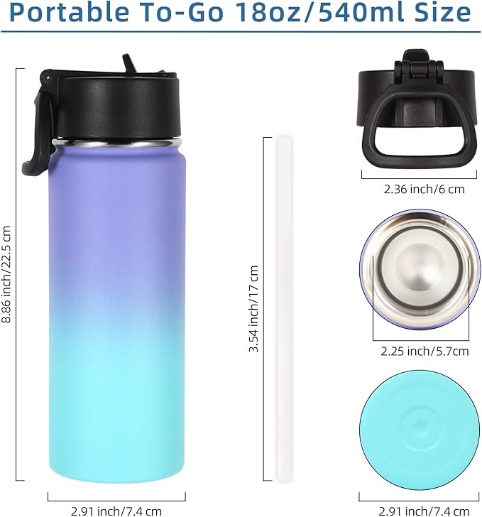 Volhoply 18oz Insulated Water Bottle Bulk 4 Pack,Kids Stainless Steel Water Bottles with Straw Lid,Wide Mouth Reusable Metal Cups,Double Wall Vacuum Sports Flask For Cold Drink(Purple Blue,4 Set)
