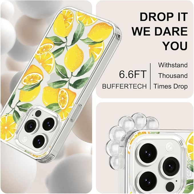 MOSNOVO Case for iPhone 15 Pro, [Buffertech 6.6ft Military-Grade Drop Protection] [Anti Peel Off Tech] Clear TPU Bumper Phone Case Cover Design - Lemon
