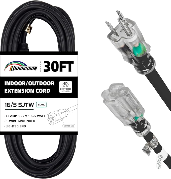 Indoor Outdoor Extension Cord Weatherproof with Lighted End, UL Listed, 16 Gauge 30FT Black 3 Prong Heavy Duty, 16/3 SJTW 13A Power Cord for Outdoor Lights, Lawn