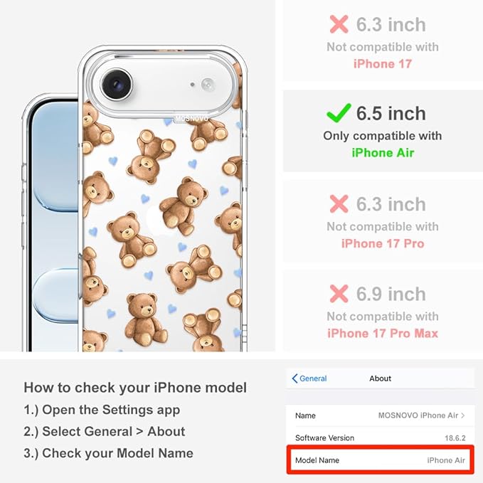 MOSNOVO for iPhone Air Case, Shockproof Military-Grade Protection 6.6ft Drop Tested, Camera Control, Clear Phone Case for iPhone 17 Air, Teddy Mood Design