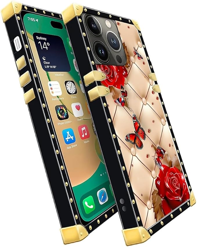 Compatible with iPhone 14 Pro Max Case, Shining Red Rose Butterfly Leather Background Luxury Golden Decoration for Girl Women Soft TPU Shockproof Protective Hard PC Back