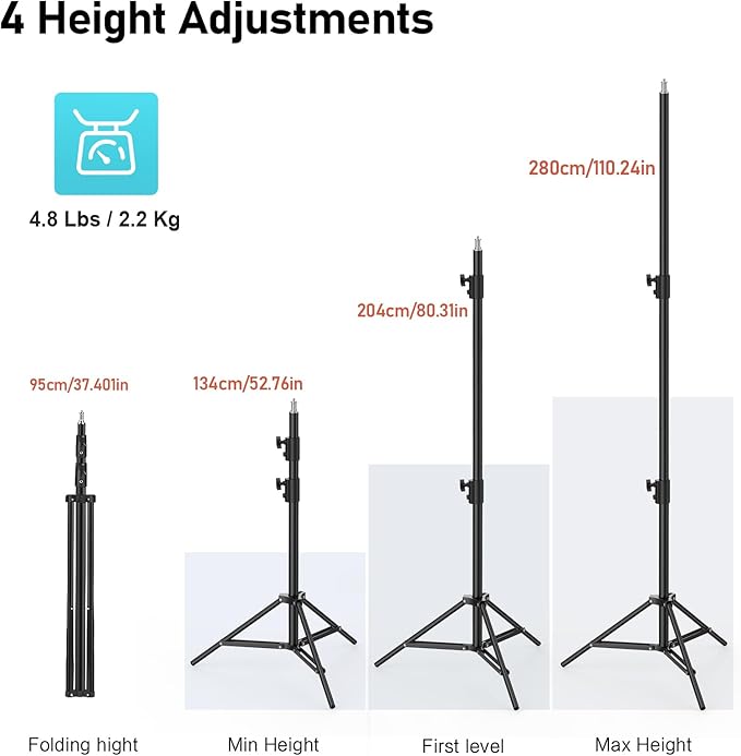 Photography Light Stand, 110"/9.2ft/280cm Portable Reverse Folding Tripod with Travel Bag Aluminum Heavy Duty for Camera,Video,Softboxes,Umbrell,Wedding Outdoor Video Shooting （2 Pack）