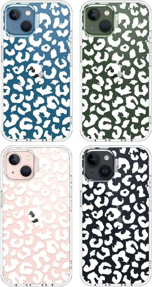 MOSNOVO for iPhone 13/14 Case | Military Grade 6.6ft Drop Tested | Clear with White Leopard Print Design