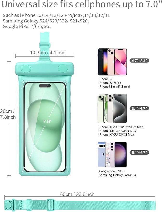 wellhouse Waterproof Phone Pouch, Waterproof Phone Case for iPhone 17 16 15 14 13 Pro Max XS Samsung, IPX8 3D Cellphone Dry Bag Beach Essentials (2 Pack -Earl Blue & Green 7.0", 7 inch)