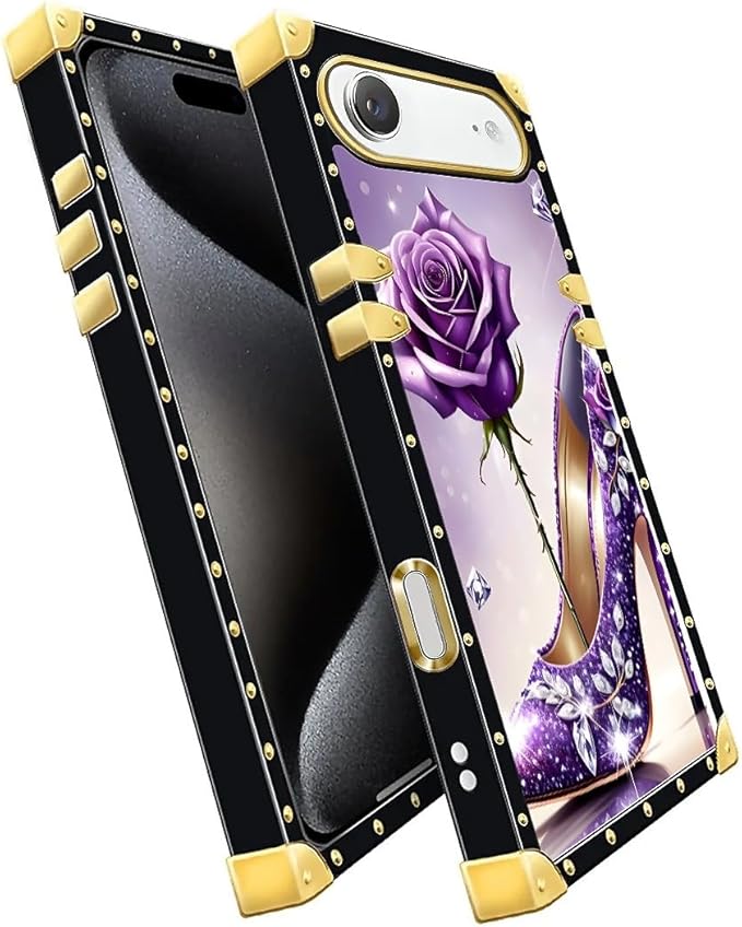 for iPhone 17 Air Case Luxury Golden Decoration for Girl Women Soft TPU Shockproof Protective Hard PC Back for iPhone 17 Air Crazy Pattern High Heeled Purple Diamond Rose