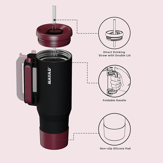 NAYAD 40oz Travel Tumbler with Handle and Straw|Cup Holder Friendly Insulated Stainless Steel Dual Straw-Sip Lid Folding Handle Cupholder Compatible for Travel or Gift| BPA-Free (Black)