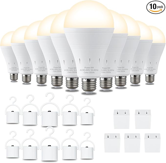 DEBAOBULB 10 Pack Rechargeable Emergency Light Bulbs, Battery Powered LED Light Bulb 3000K Warm E26 120 Volt 9W 60W Equivalent with 1200mAh for Home Power Outage Camping Hurricane