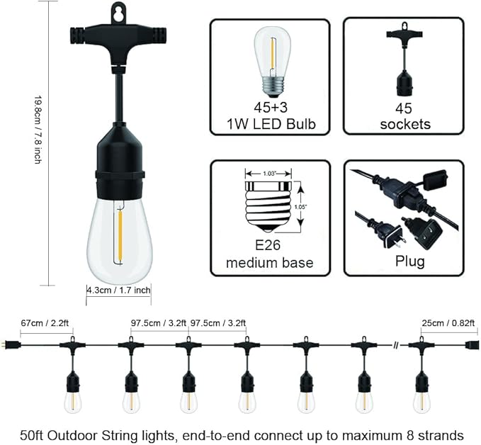 SUFEIMAS Outdoor String Lights LED 150FT with 46 Sockets 48pcs S14 Shattreproof Edison Bulbs,Dimmable LED Outdoor String Lights for Outside, Patio,Backyard, Market, Cafe (2 * 75FT)