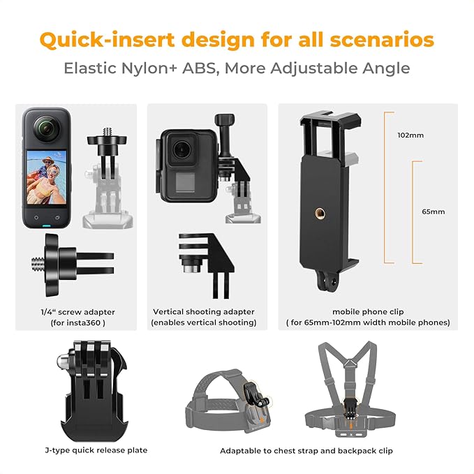 K&F CONCEPT Accessories Set for GoPro Hero 13/12/11/10/9/8/7/6/5/4/DJI Osmo Action Series/Pocket 3/2/Insta360 X4/X3, Chest Strap Harness+Backpack Clip+360° Rotating Head Strap Mount and Wrist Strap