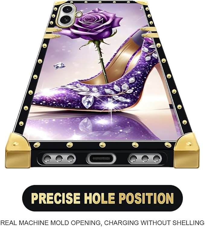 for iPhone 17 Case Luxury Golden Decoration for Girl Women Soft TPU Shockproof Protective Hard PC Back for iPhone 17 Crazy Pattern High Heeled Purple Diamond Rose