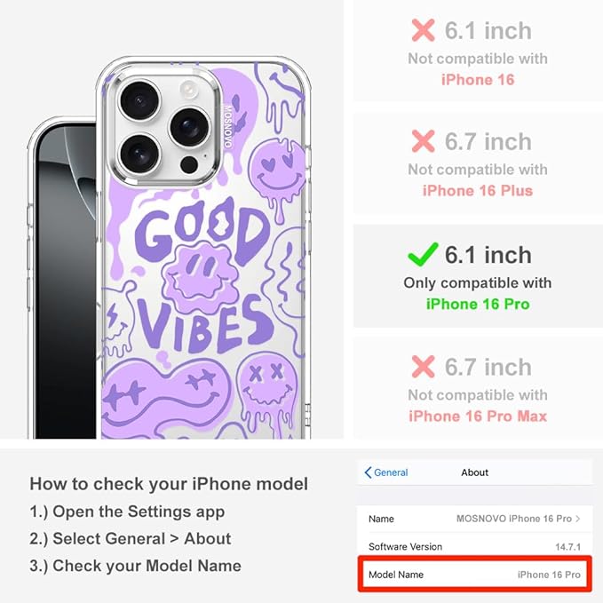 MOSNOVO Case for iPhone 16 Pro, [Buffertech 6.6ft Military-Grade Drop Protection] [Anti Peel Off Tech] Clear TPU Bumper Phone Case Cover Design - Good Vibes