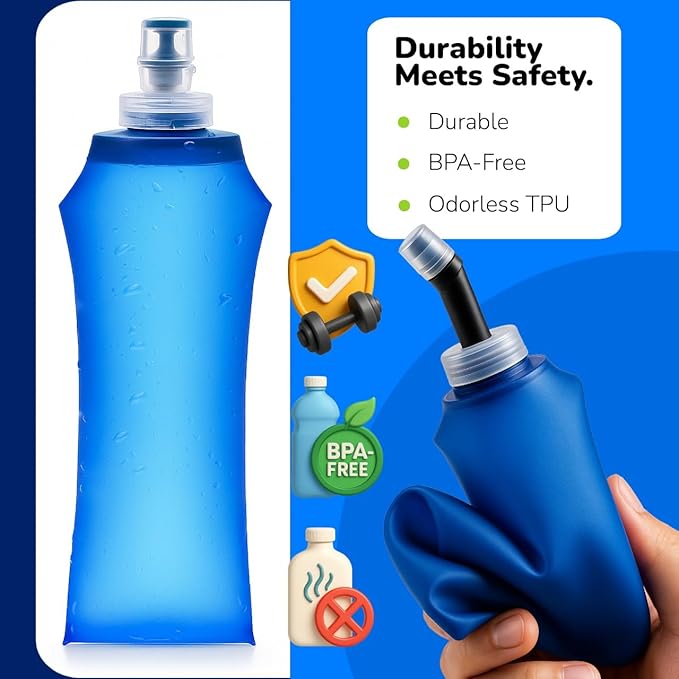 TPU Soft Flask 500ml with Straw & Cap, 2 Pack Collapsible Sports Water Bottles, BPA Free Running Water Bottle with Straw, Lightweight Foldable Flask for Running, Hiking, Trail & Outdoor Activities