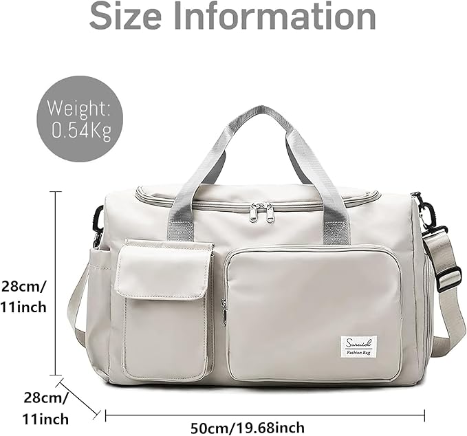 Suruid Travel Duffel Bag with Shoes Compartment Sports Gym Bag with Dry Wet Separated Pocket for Men and Women, Overnight Bag Weekender Bag Training Handbag Yoga Bag - White Gray