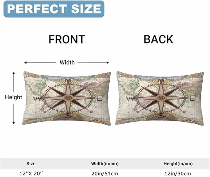 Nautical Compass Throw Pillow Covers 12 X 20 Historical World Map Earth Exploration Vintage Set of 2 Pillow Cases Velvet Outdoor Pillowcases Decorative for Home Bed Sofa Couch Hotel