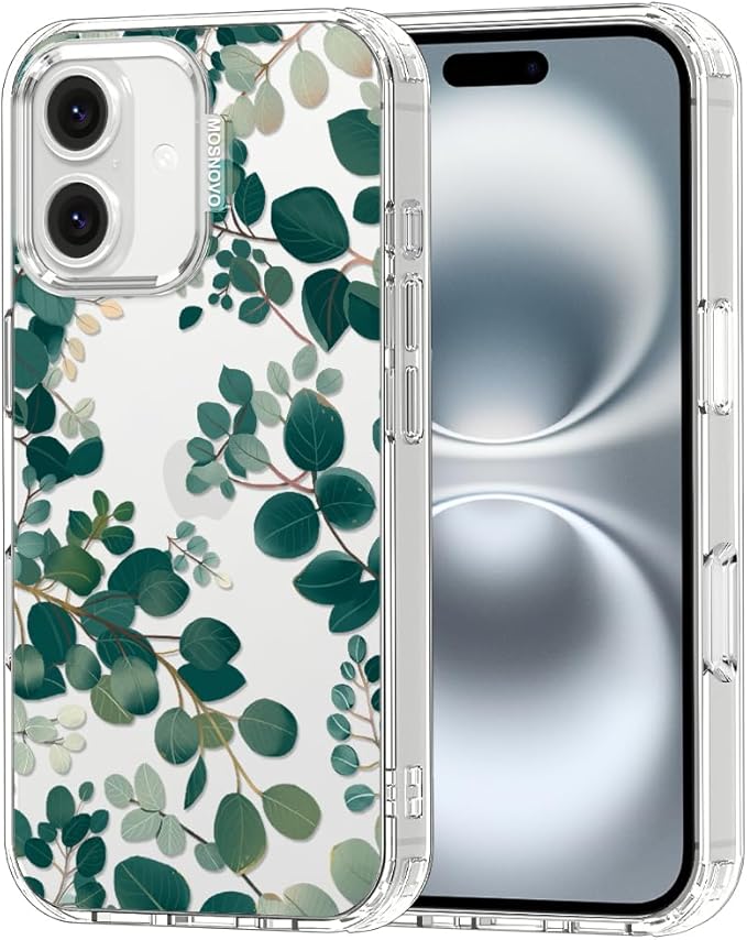 MOSNOVO Case for iPhone 16, [Buffertech 6.6ft Military-Grade Drop Protection] [Anti Peel Off Tech] Clear TPU Bumper Phone Case Cover Design - Eucalyptus