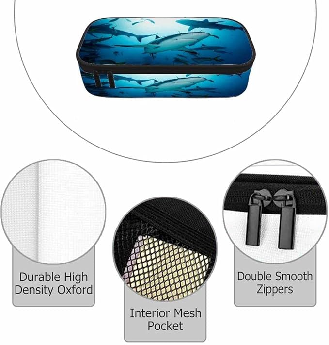 Sharks Pencil Case Organizer Ocean Sea Fish Light Blue Stationery Box Makeup Box School Supply for Boy Girl Men Women