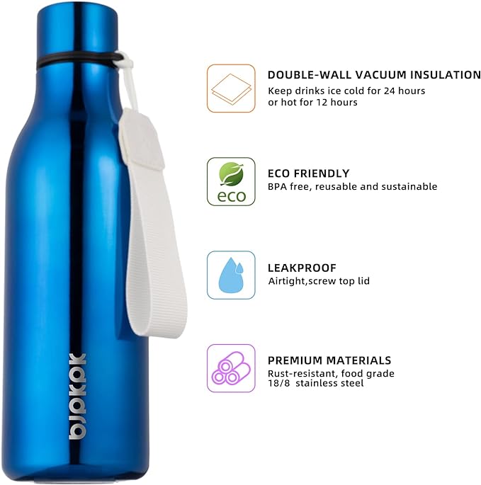BJPKPK Insulated Water Bottles, 18 oz Stainless Steel Metal Water Bottle with Strap, BPA Free Leak Proof Jugs, Mugs, Flasks, Reusable Thermal Flasks for Sports & Travel, Shining Blue
