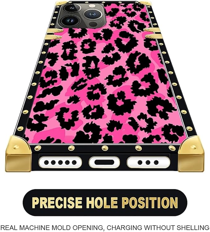 Compatible with iPhone 16 Pro Case, Pink Black Leopard Luxury Golden Decoration for Girl Women Soft TPU Shockproof Protective Hard PC Back