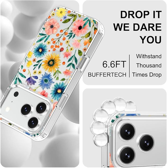 MOSNOVO for iPhone 17 Pro Case, Shockproof Military-Grade Protection 6.6ft Drop Tested, Camera Control, Clear Phone Case for iPhone 17 Pro, Wildflower Bloom Design