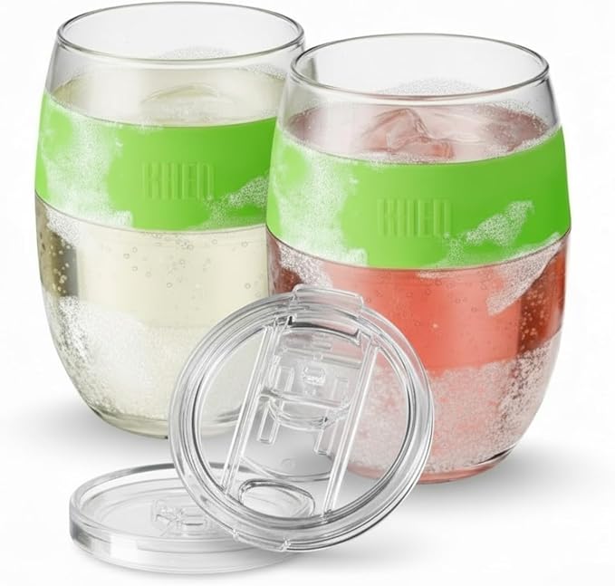 Freezable Wine Tumbler Set with Lids & Green Grip - 2 Set - 13 oz Tumblers Insulated Cooling Gel Glasses – Reusable Double Wall Stemless Cups for Keeping Drinks Cold, Outdoor Entertaining & Gifts