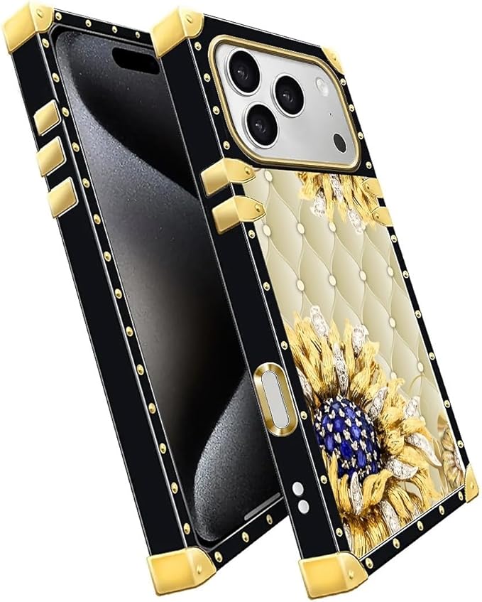 for iPhone 17 Pro Case Luxury Golden Decoration for Girl Women Soft TPU Shockproof Protective Hard PC Back for iPhone 17 Pro Crazy Pattern Sunflower Diamonds Leather