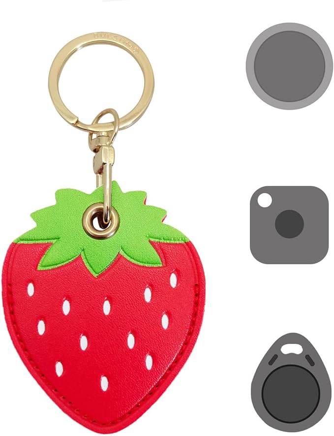 Universal Smart Tag Holder Fit for Tile Mate, AirTag, Galaxy SmartTag, eufy SmartTrack Link, Key Fob, Leather Cute Air Tracker Case with Key Rings, (Strawberry)